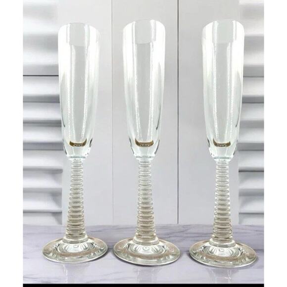 3 Antique Crystal Champagne Flutes With Ringed Beehive Flare Stems. Very Unique - Picture 4 of 7
